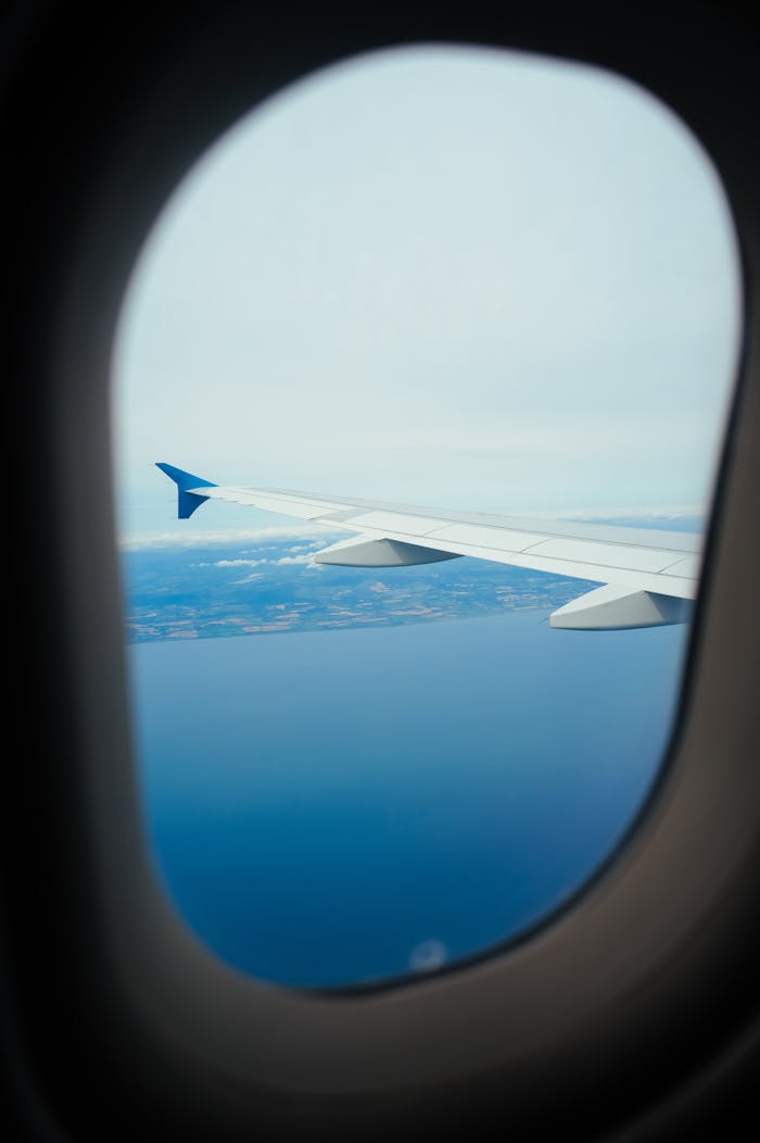 services-09 Aerial view from airplane window showing ocean and coastline under a clear sky.