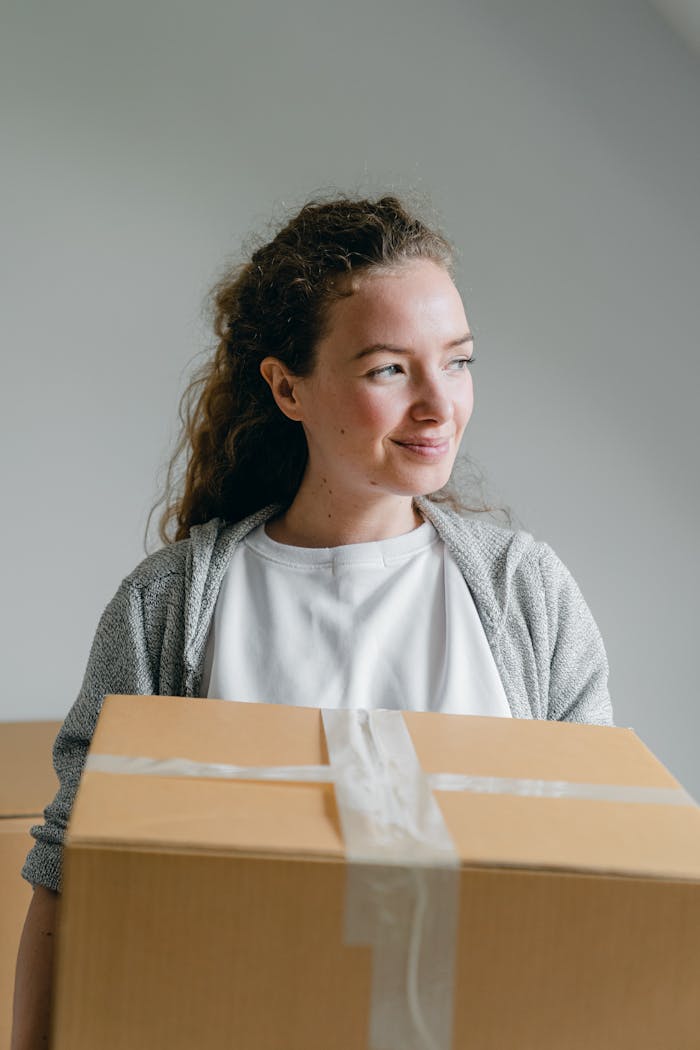 Woman smiling while holding a cardboard box indoors, suggesting moving or relocation.