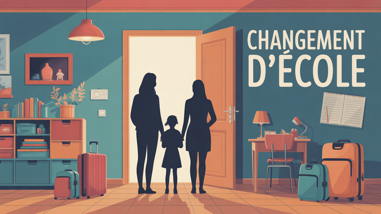 Changement d'ecole famille devant porte scolaire