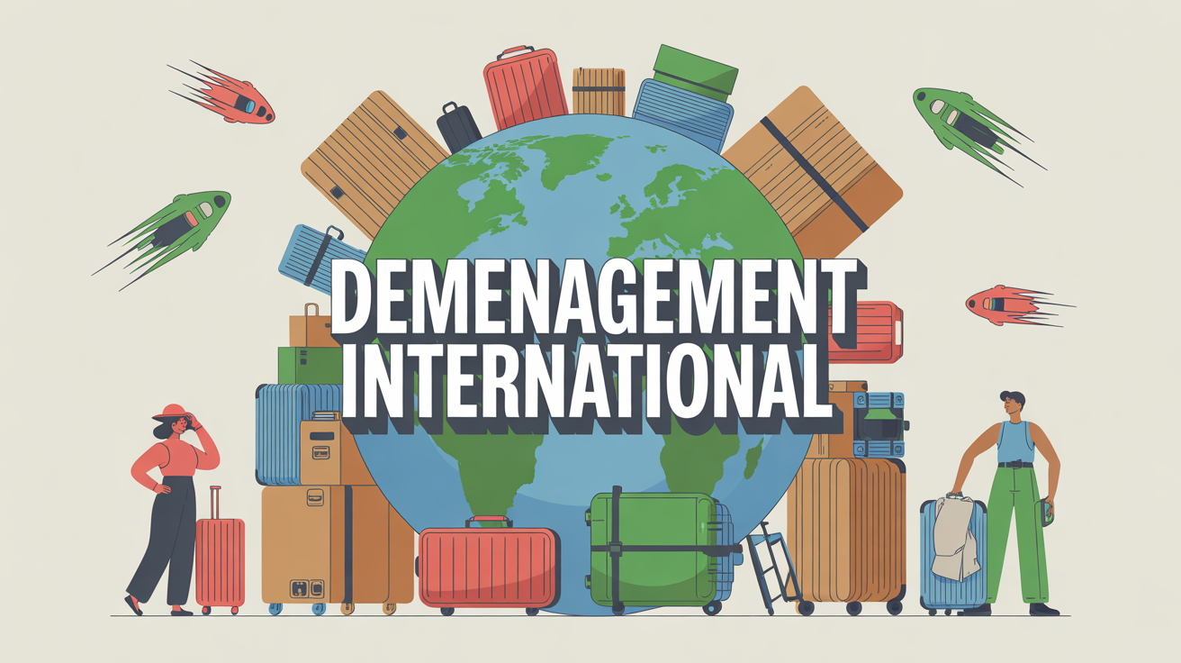 Cartons et meubles autour d’un globe, texte déménagement international
