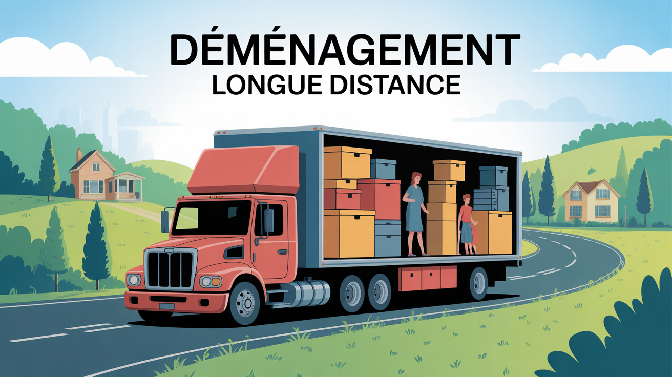 camion demenagement longue distance sur route avec famille et meubles