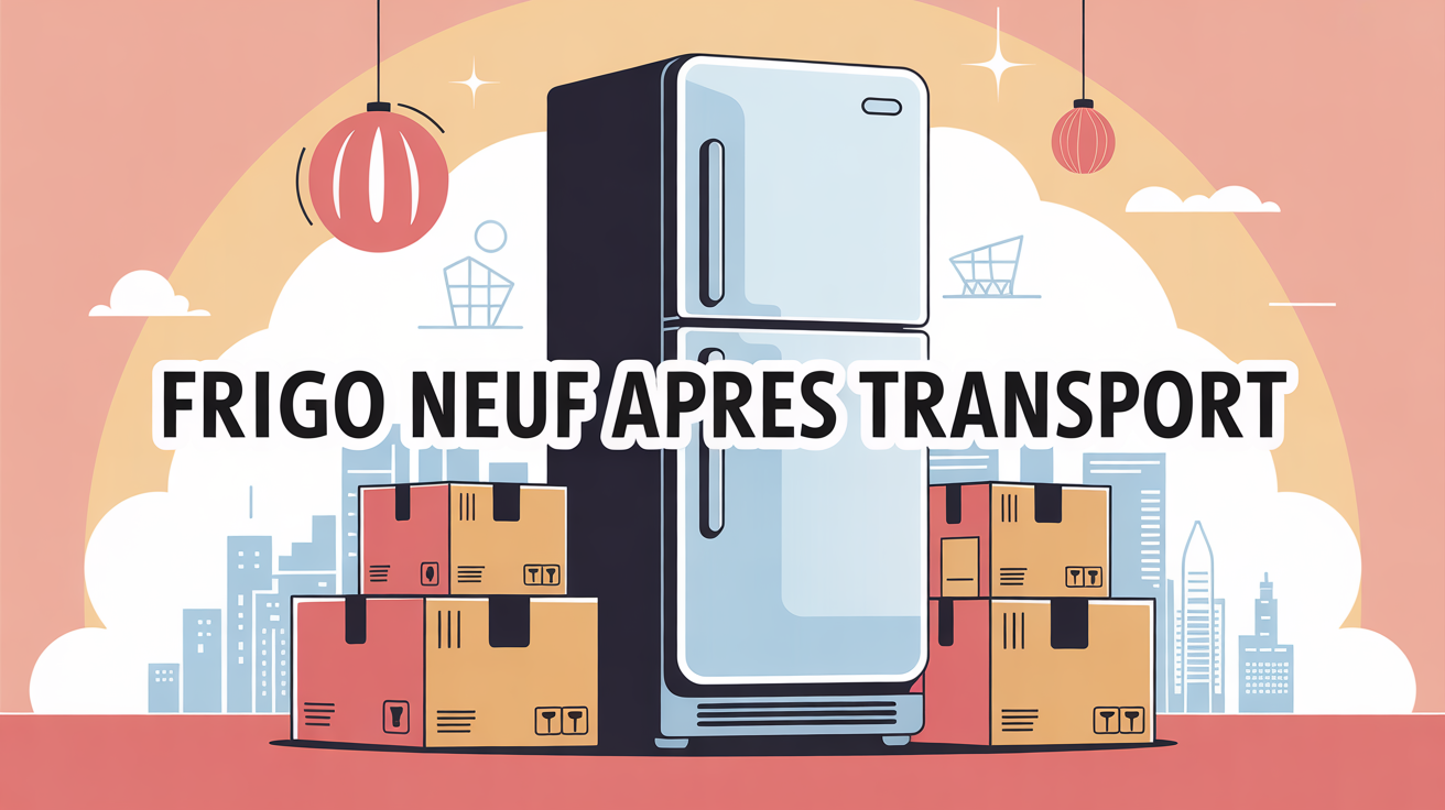 Image stylisée d’un frigo neuf entouré de cartons après transport international