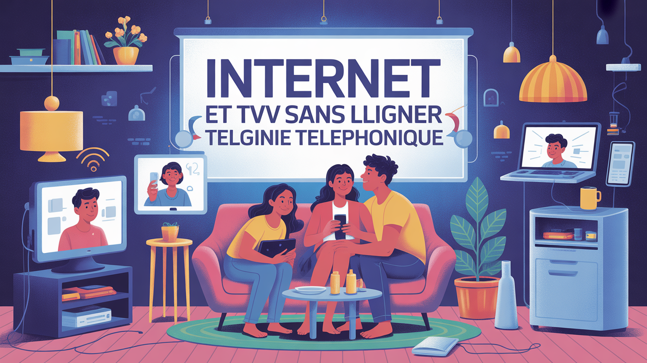 Famille connectée avec TV, ordinateur et smartphone sans ligne téléphonique