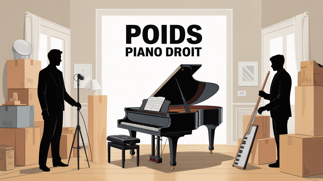 Piano droit avec demenageurs et cartons, poids en evidence