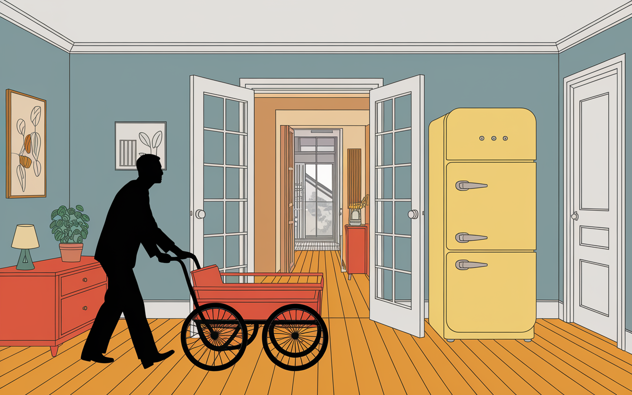 Scene transport frigo americain avec chariot et sangles