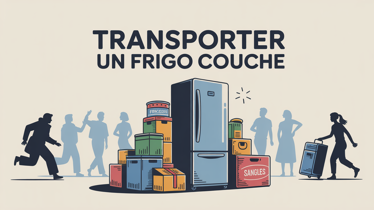 Frigo moderne debout entouré de cartons et sangles déménagement international