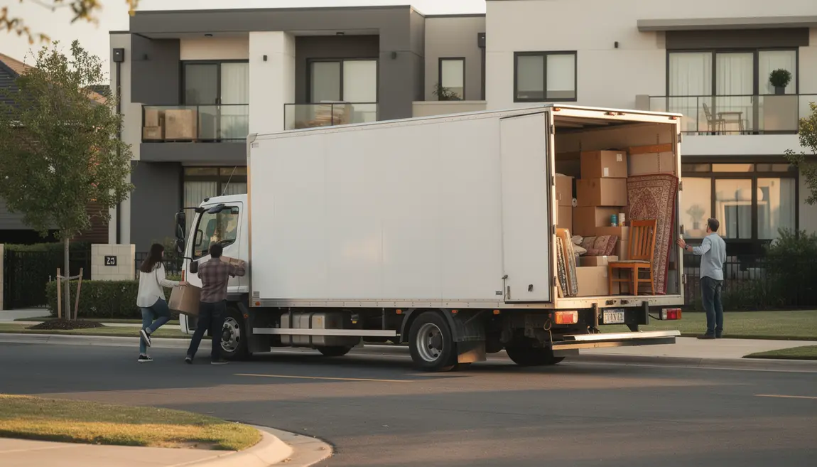 camion de déménagement stationné, chargement devant immeuble