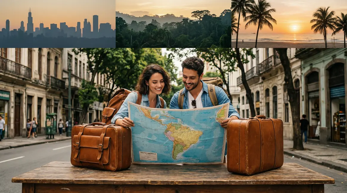 Couple avec valises consultant carte Amérique du Sud