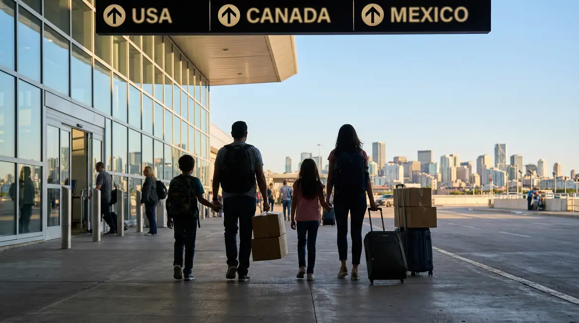 famille silhouette valises devant aéroport nord-américain