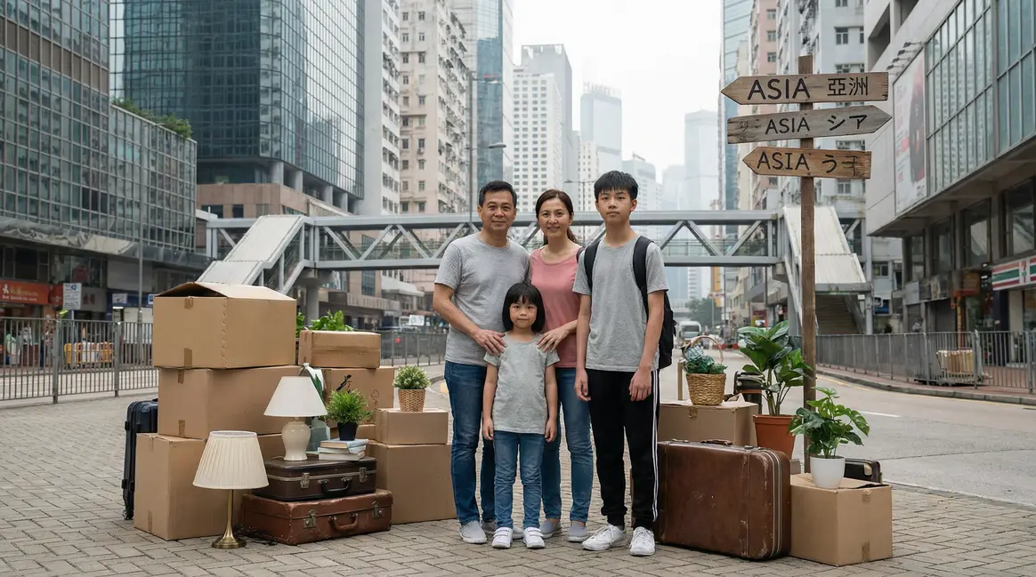 Famille devant cartons valises demenagement ville Asie