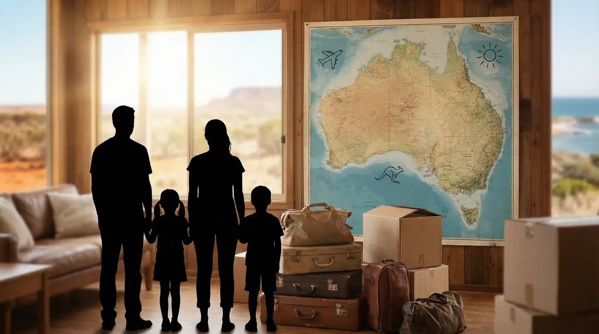 Famille devant carte d'Australie demenagement