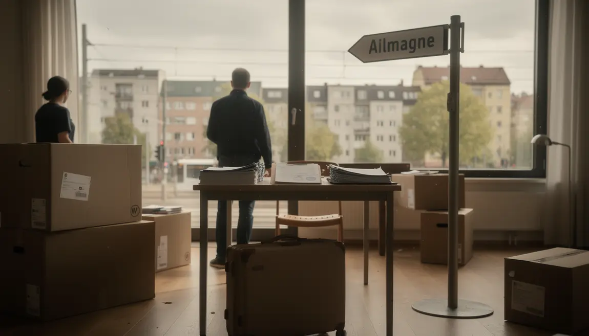 Cartons de demenagement valise et documents devant paysage urbain allemand