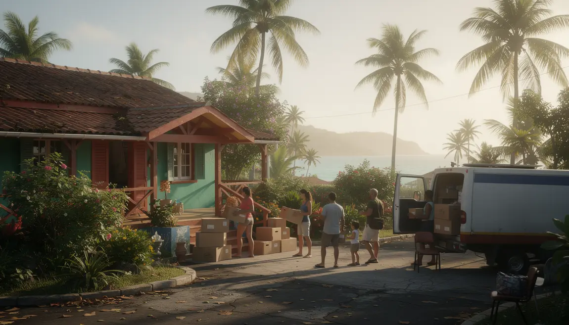 Déménagement familial en Martinique devant maison tropicale
