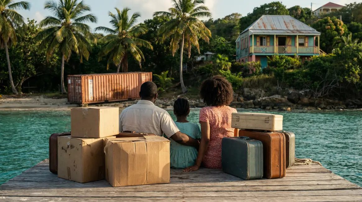 famille sur quai, cartons, valises, conteneur maritime et maison créole en Guadeloupe