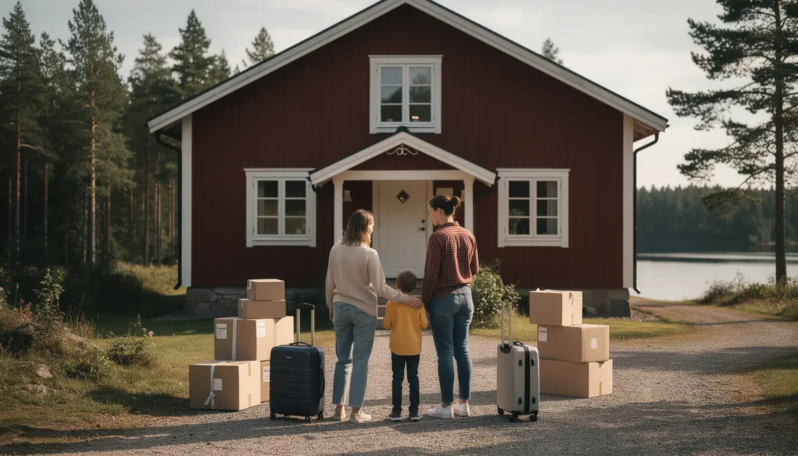 Famille devant maison suede valises nature