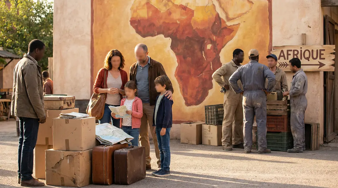 Scène déménagement Afrique famille groupe valises cartons
