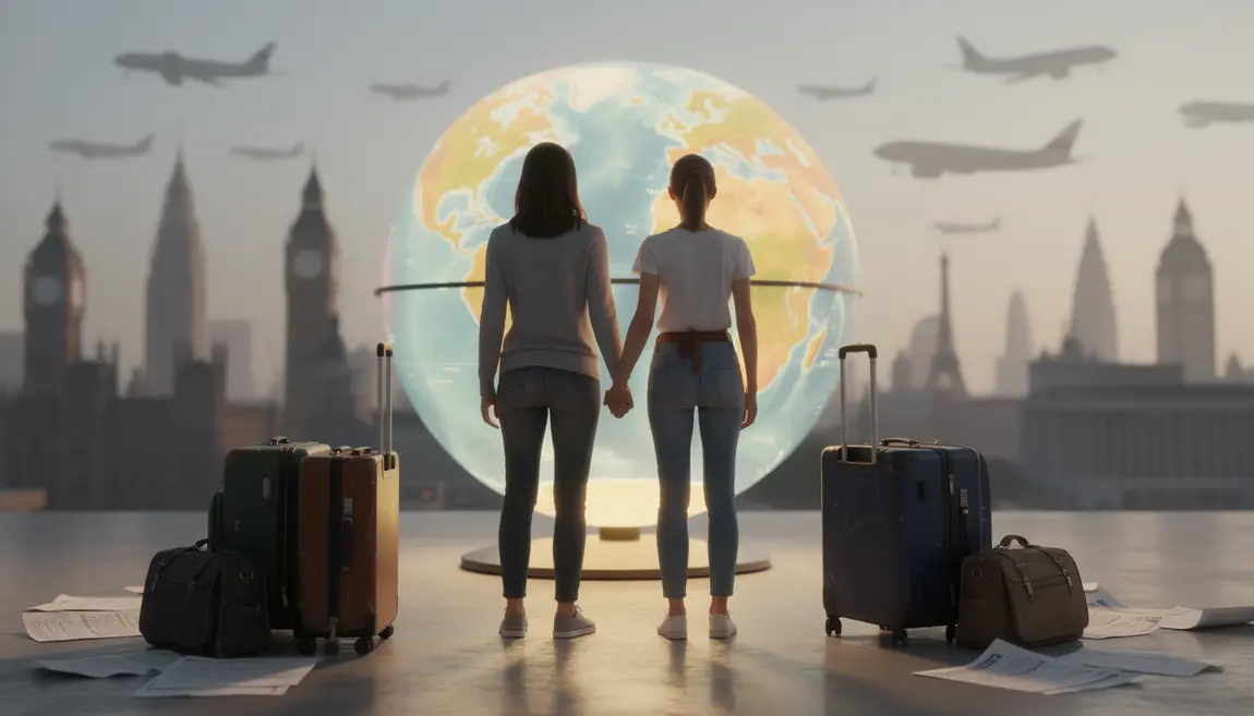 couple expatriation globe valises documents
