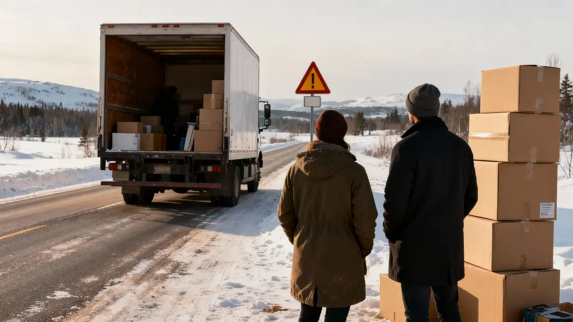 Camion demenagement cartons neige route suede