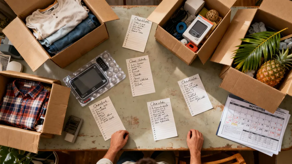 cartons ouverts, checklists, objets triés et inventaire pour déménagement Guadeloupe