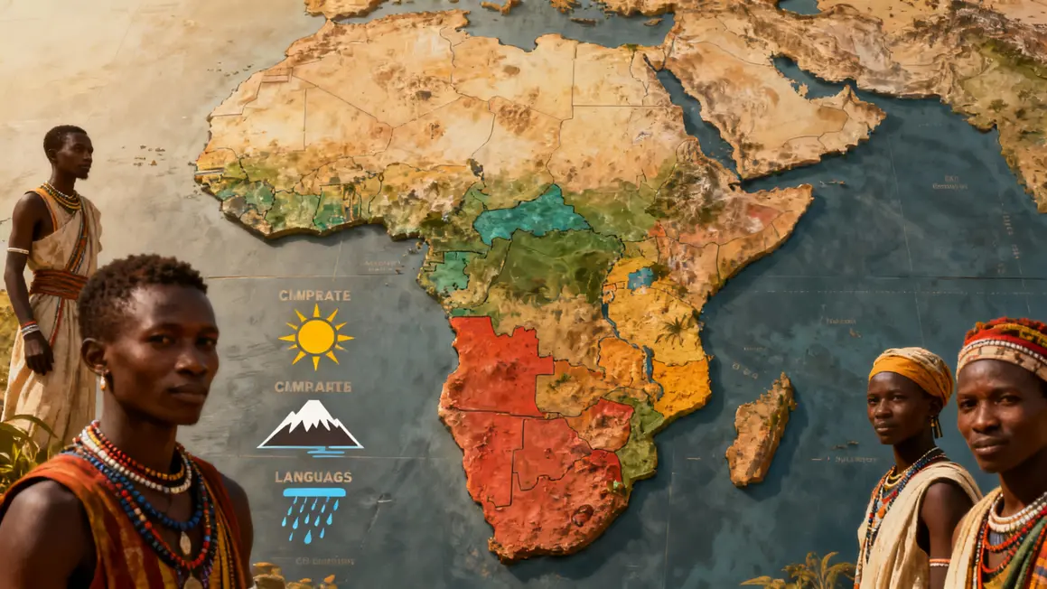 Carte stylisée climat langues Afrique pictogrammes