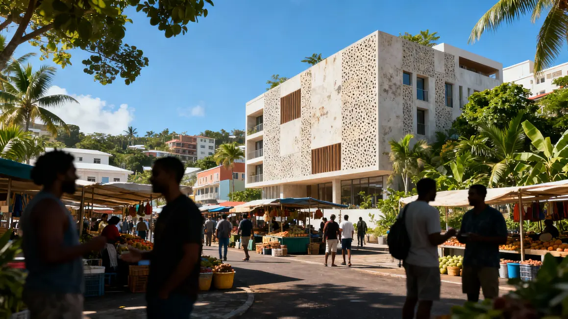 Marché local ville moderne Martinique ambiance tropicale