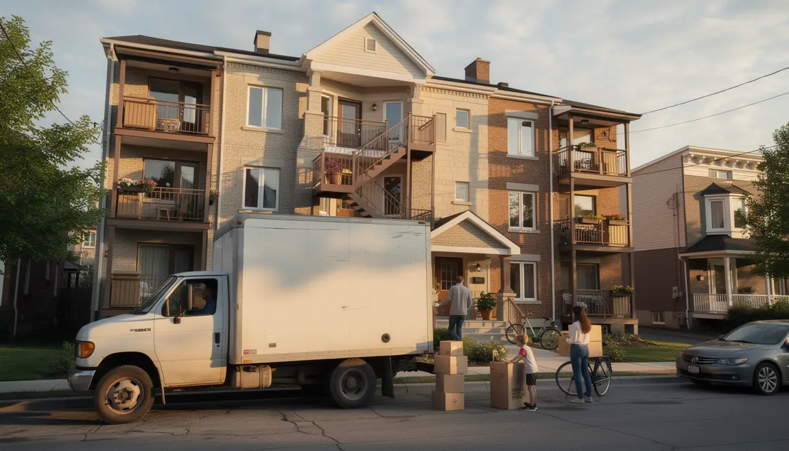 Scene camion de demenagement devant immeuble Quebec