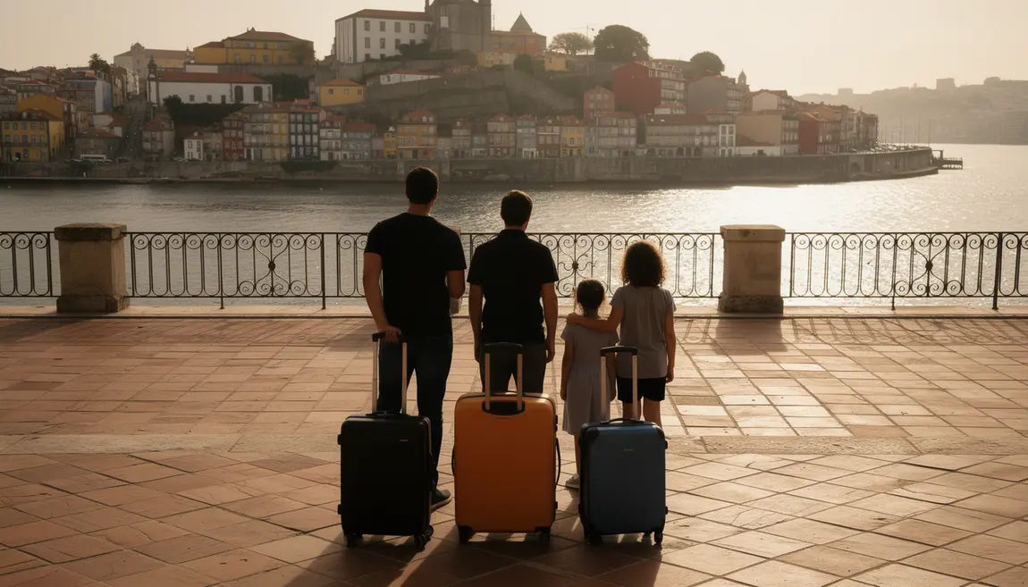 famille arrivée déménagement Portugal terrasse vue fleuve