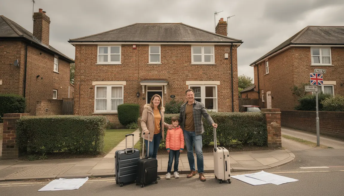 Famille devant maison anglaise, valises et passeport