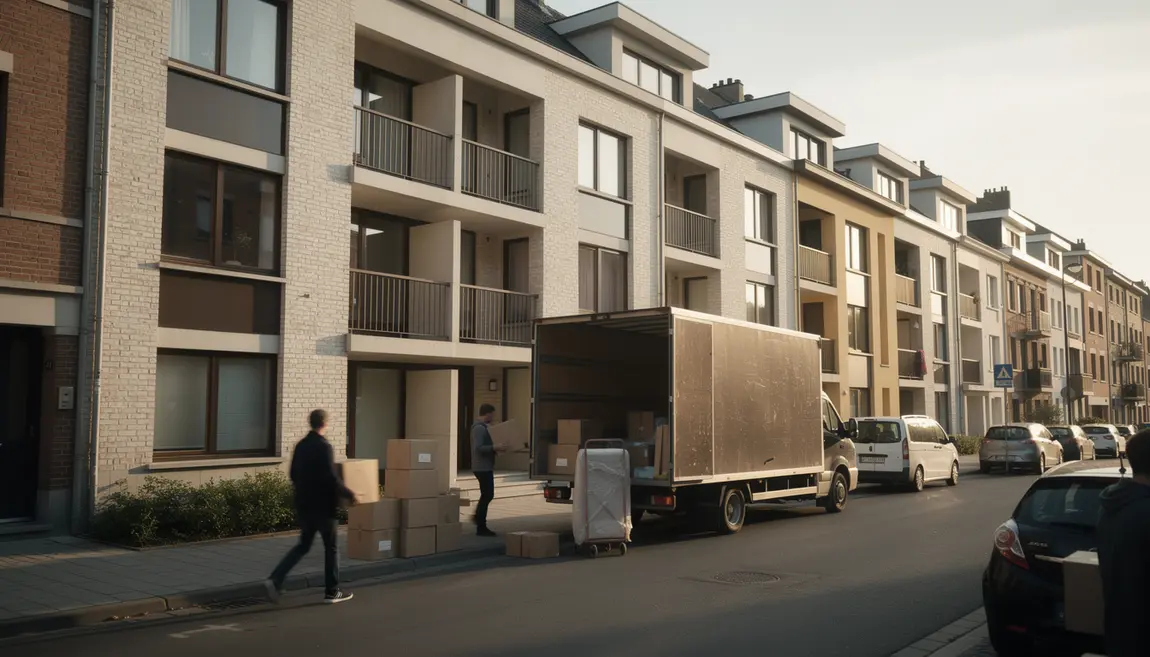 Camion de déménagement devant immeuble en Belgique