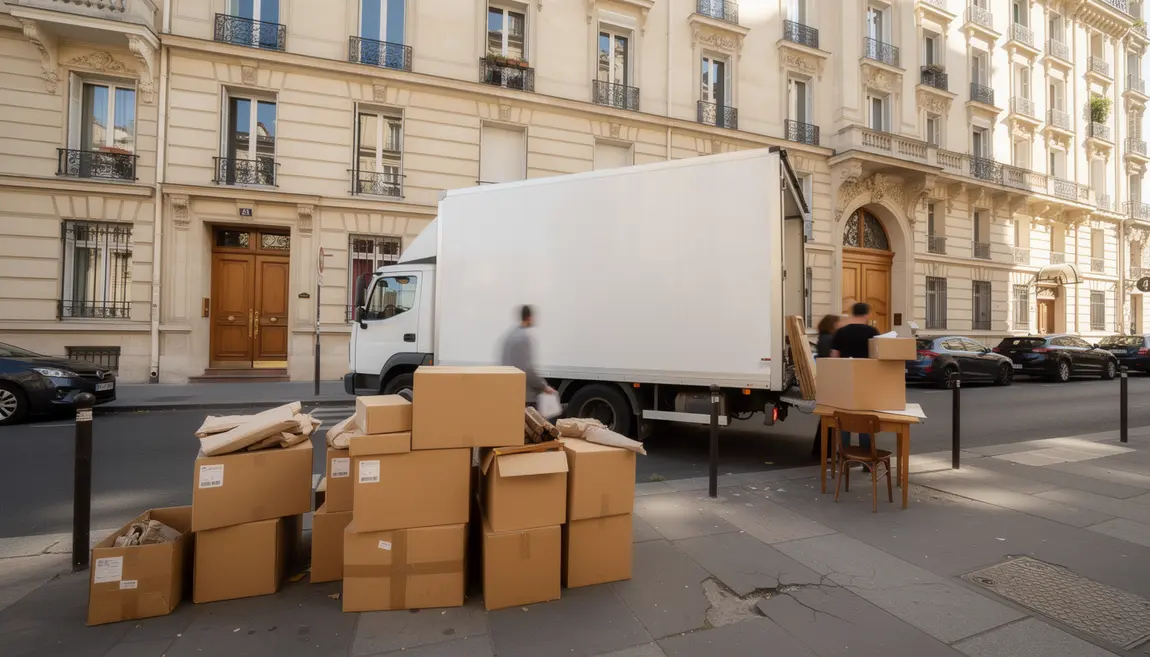 Camion demenagement Paris devant immeuble cartons