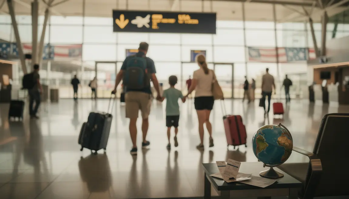 Famille valises aeroport USA expatriation