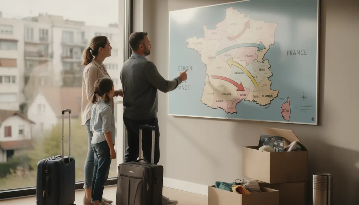 famille professionnel devant carte france demenagement grandes villes