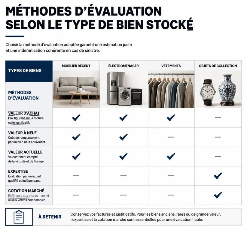 Tableau récapitulatif des méthodes d'évaluation pour assurer un box de stockage