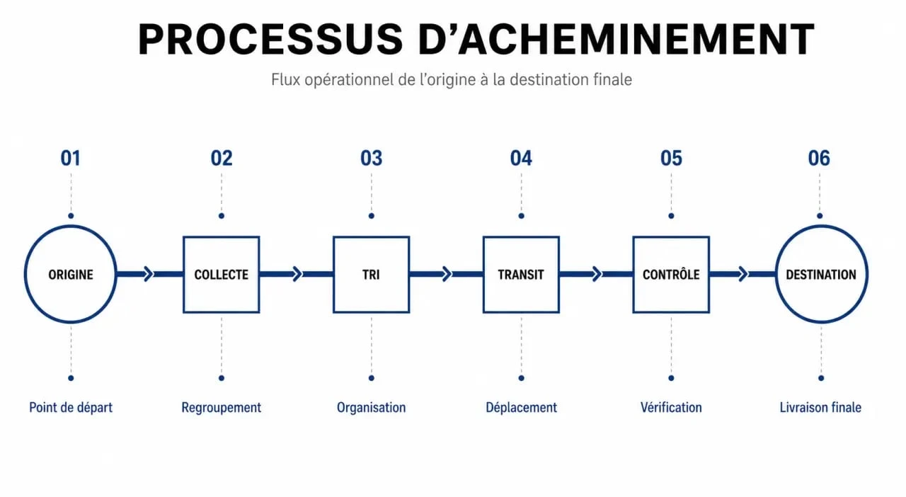Schéma illustrant le processus d'acheminement d'un flux ou d'une marchandise vers sa destination finale.