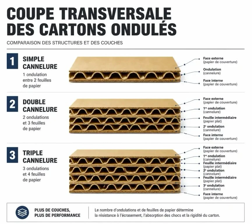 Comparatif visuel des structures de carton simple, double et triple cannelure pour le choix d'un emballage robuste.