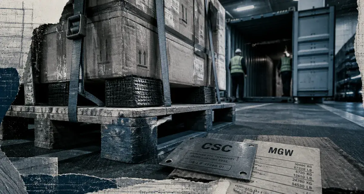 Empotage : palette et colis sur quai, conteneur maritime ouvert (logistique et horticulture).