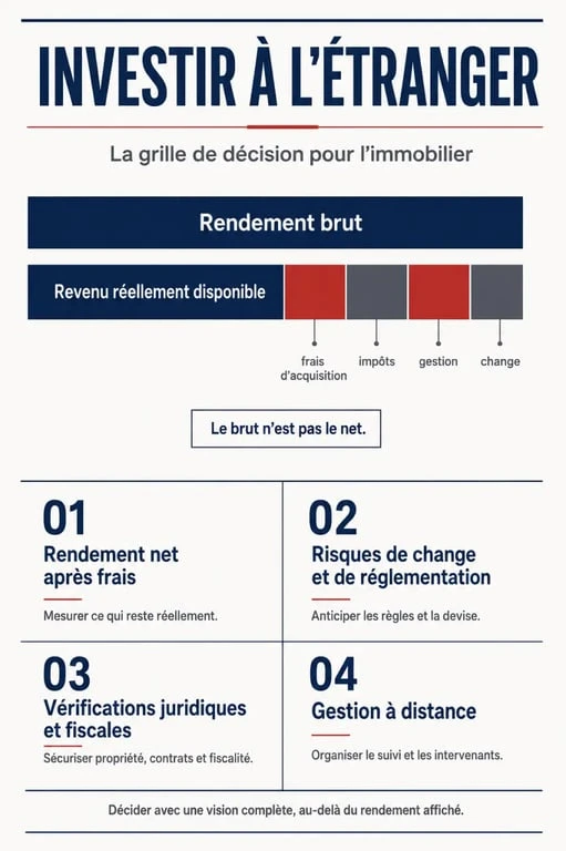 Infographie pour investir étranger immobilier : rendement net, fiscalité, risques et gestion à distance