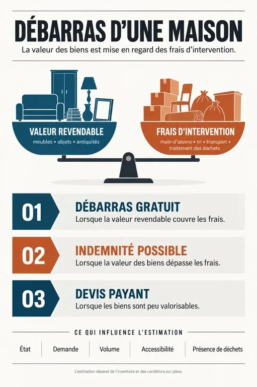 Infographie pour comprendre comment vider une maison gratuitement selon la valeur des biens et le coût du débarras